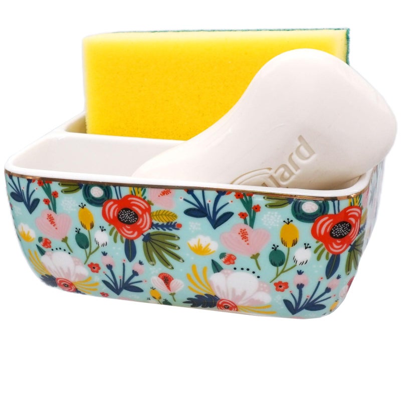 LEAZUL 2 Compartments Ceramic Sponge Holder for Kitchen Sink, Cute Floral Countertop Dish Sponges Holder Soap Sink Organizer Farmhouse Caddy (Mint Green) - Image 1
