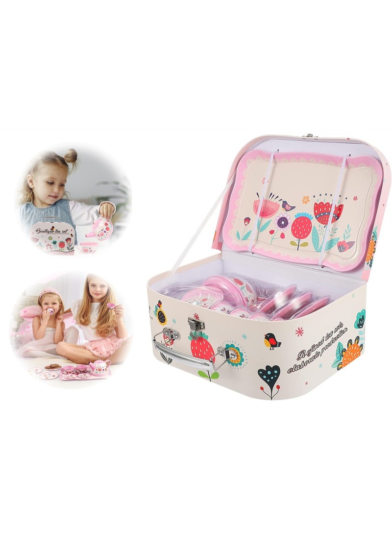 KASTWAVE Tea Set for Little Girls, Pink Tin Tea Party Set for Toddlers Afternoon Tea Time Playset with Metal Teapots Tea Cups Play Dishes Princess Toys with Carry Case, Kids Kitchen Dress Up Play Tea Set  - Image 1