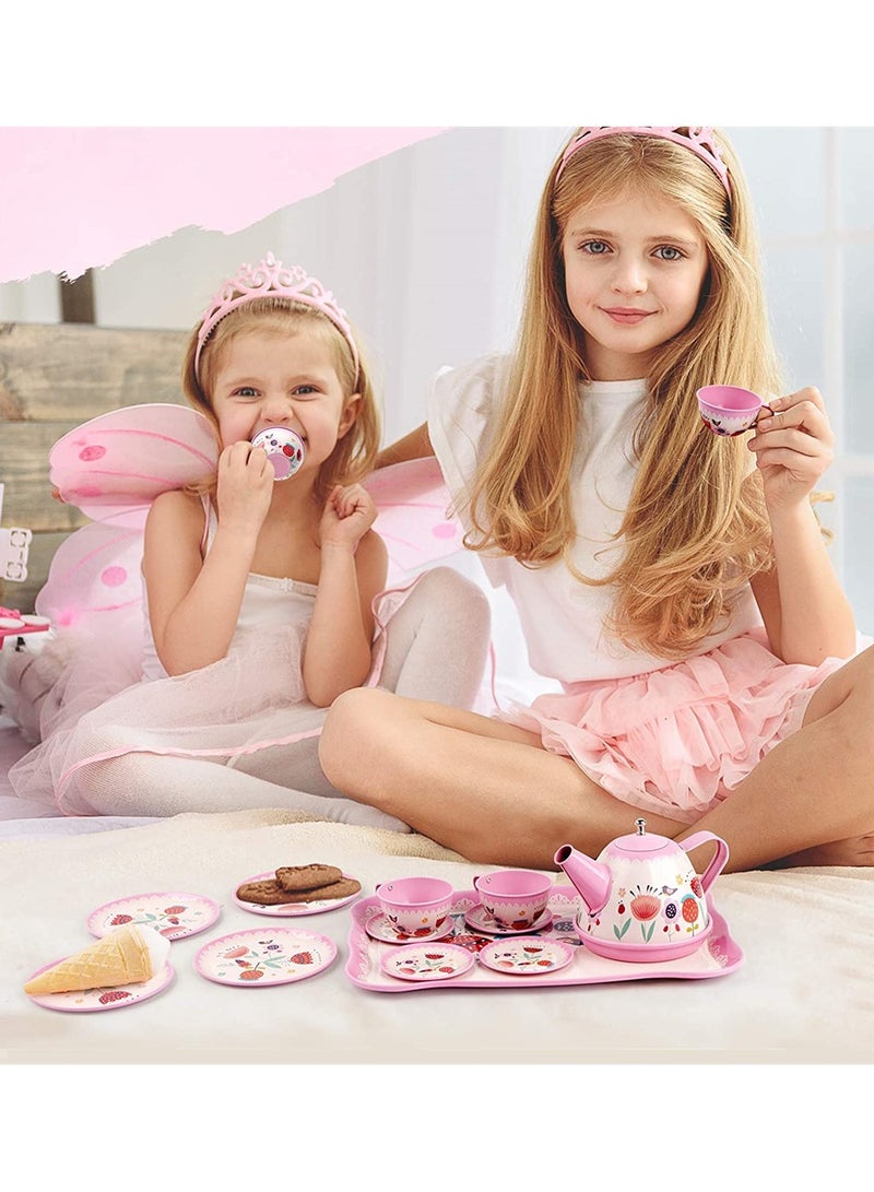 KASTWAVE Tea Set for Little Girls, Pink Tin Tea Party Set for Toddlers Afternoon Tea Time Playset with Metal Teapots Tea Cups Play Dishes Princess Toys with Carry Case, Kids Kitchen Dress Up Play Tea Set  - Image 2