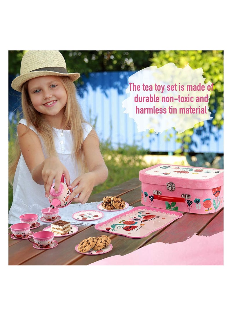 KASTWAVE Tea Set for Little Girls, Pink Tin Tea Party Set for Toddlers Afternoon Tea Time Playset with Metal Teapots Tea Cups Play Dishes Princess Toys with Carry Case, Kids Kitchen Dress Up Play Tea Set  - Image 3