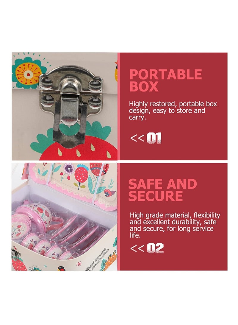 KASTWAVE Tea Set for Little Girls, Pink Tin Tea Party Set for Toddlers Afternoon Tea Time Playset with Metal Teapots Tea Cups Play Dishes Princess Toys with Carry Case, Kids Kitchen Dress Up Play Tea Set  - Image 5