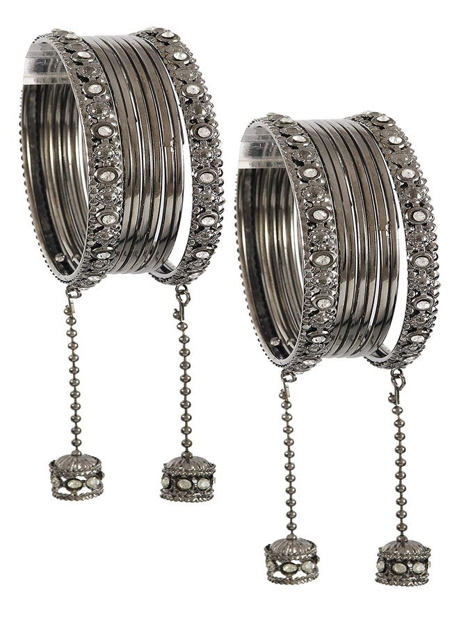 NMII Traditional Metal Bangles Set For Women & Girls with Zircon Gemstone & Latkan | Stylish Oxidised Look Gold Plated Bangles | Women's Fashion Jewellery | Black Bangles-(NAB49_Grey-2.6) - Image 2
