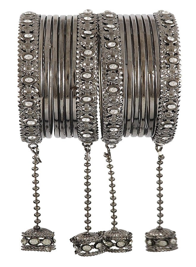 NMII Traditional Metal Bangles Set For Women & Girls with Zircon Gemstone & Latkan | Stylish Oxidised Look Gold Plated Bangles | Women's Fashion Jewellery | Black Bangles-(NAB49_Grey-2.6) - Image 1