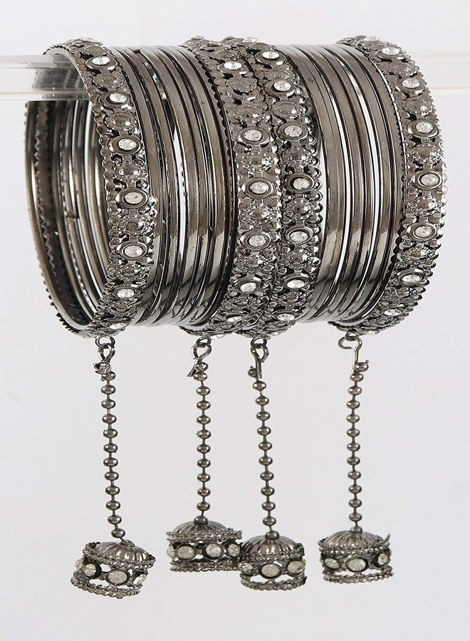NMII Traditional Metal Bangles Set For Women & Girls with Zircon Gemstone & Latkan | Stylish Oxidised Look Gold Plated Bangles | Women's Fashion Jewellery | Black Bangles-(NAB49_Grey-2.6) - Image 5