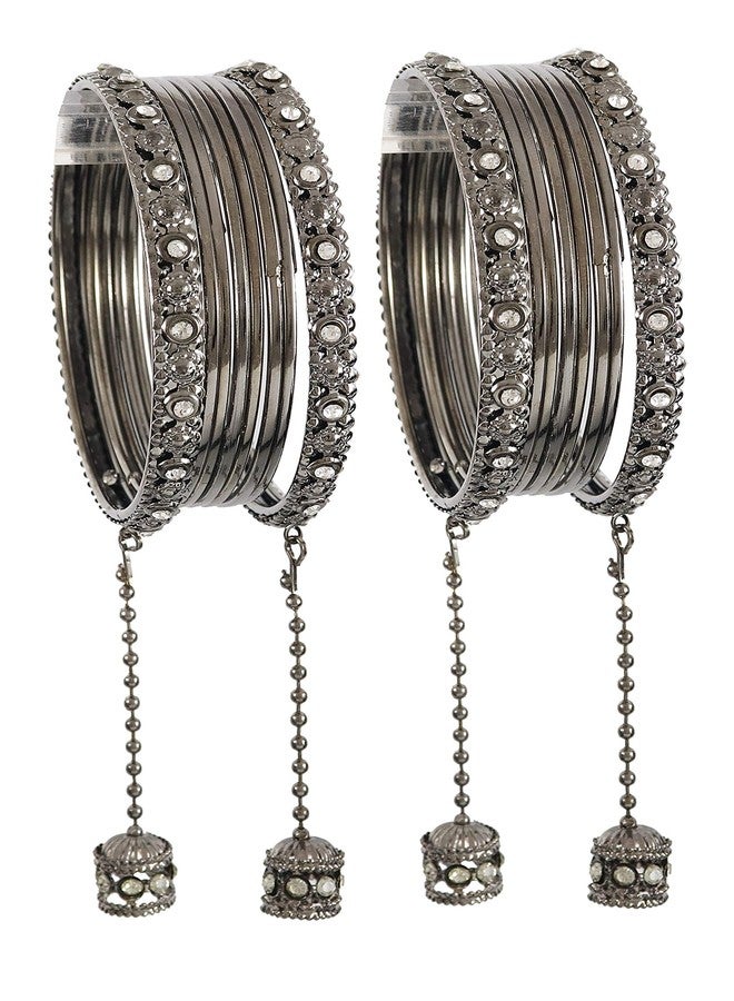 NMII Traditional Metal Bangles Set For Women & Girls with Zircon Gemstone & Latkan | Stylish Oxidised Look Gold Plated Bangles | Women's Fashion Jewellery | Black Bangles-(NAB49_Grey-2.6) - Image 3
