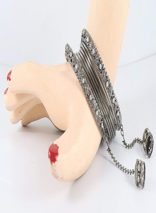 NMII Traditional Metal Bangles Set For Women & Girls with Zircon Gemstone & Latkan | Stylish Oxidised Look Gold Plated Bangles | Women's Fashion Jewellery | Black Bangles-(NAB49_Grey-2.6) - Image 4