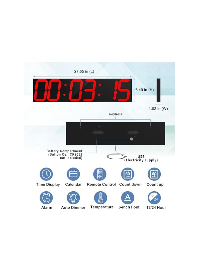 The Bros Digital Wall Clock, Oversize Led Digital Clock with Auto Dimmer, Huge Countdown Timer with Remote Control, 27in Wide Led Display, 6 Digits, Wall Mount, Date and Temperature (Red)  - Image 3