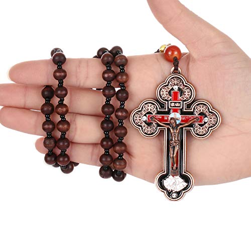 COTTVOTT Wood Rosary Beads Cross Necklace Men Prayer Orthodox Crucifix Jesus Pendant Necklace (Bronze Color) - Image 4