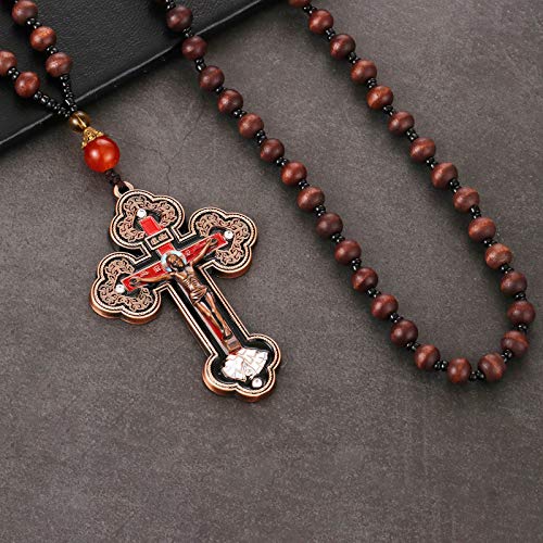 COTTVOTT Wood Rosary Beads Cross Necklace Men Prayer Orthodox Crucifix Jesus Pendant Necklace (Bronze Color) - Image 5