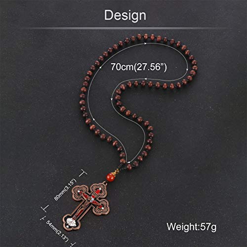 COTTVOTT Wood Rosary Beads Cross Necklace Men Prayer Orthodox Crucifix Jesus Pendant Necklace (Bronze Color) - Image 3