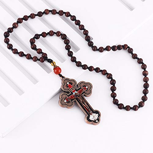 COTTVOTT Wood Rosary Beads Cross Necklace Men Prayer Orthodox Crucifix Jesus Pendant Necklace (Bronze Color) - Image 2
