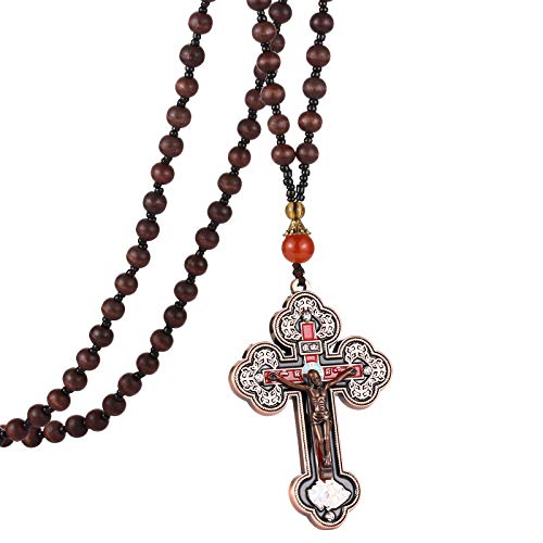 COTTVOTT Wood Rosary Beads Cross Necklace Men Prayer Orthodox Crucifix Jesus Pendant Necklace (Bronze Color) - Image 1