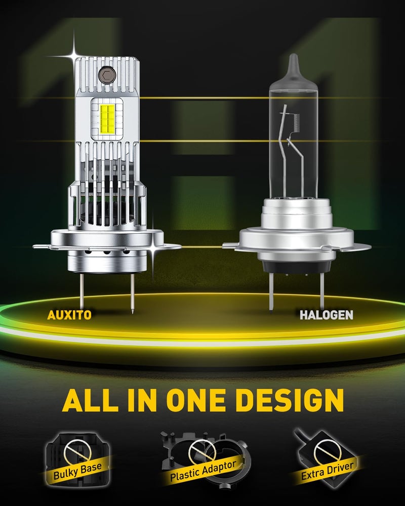AUXITO مصابيح LED H7 المحسّنة من AUXITO، سطوع فائق 900%، أضواء H7LL لاسلكية، مع مروحة، 6500K أبيض بارد، حجم هالوجين مصغر 1:1، عمر طويل، 2 قطعة - Image 4