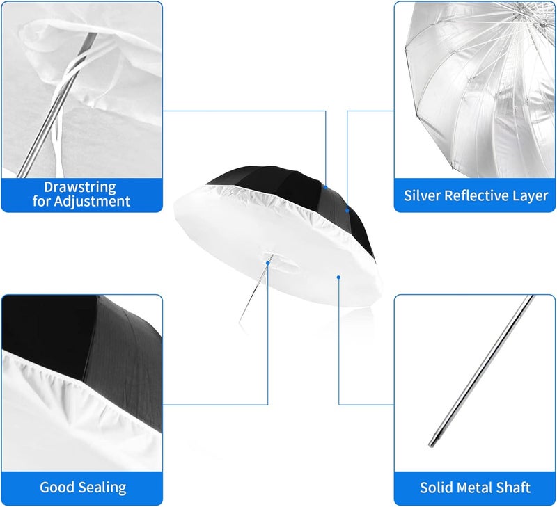 Selens Parabolic Umbrella and Diffuser Photography Lighting, 65 Inch Black Silver Reflective Deep Umbrella for Photo Studio Flash Speed Light - Image 2
