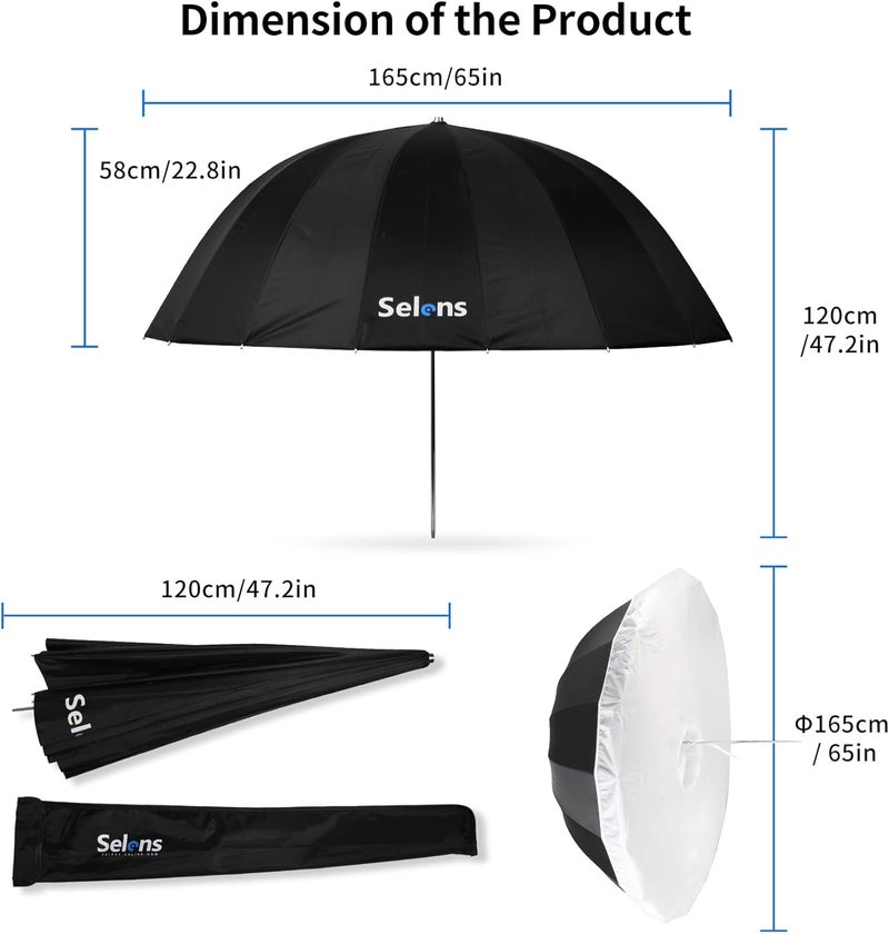 Selens Parabolic Umbrella and Diffuser Photography Lighting, 65 Inch Black Silver Reflective Deep Umbrella for Photo Studio Flash Speed Light - Image 4