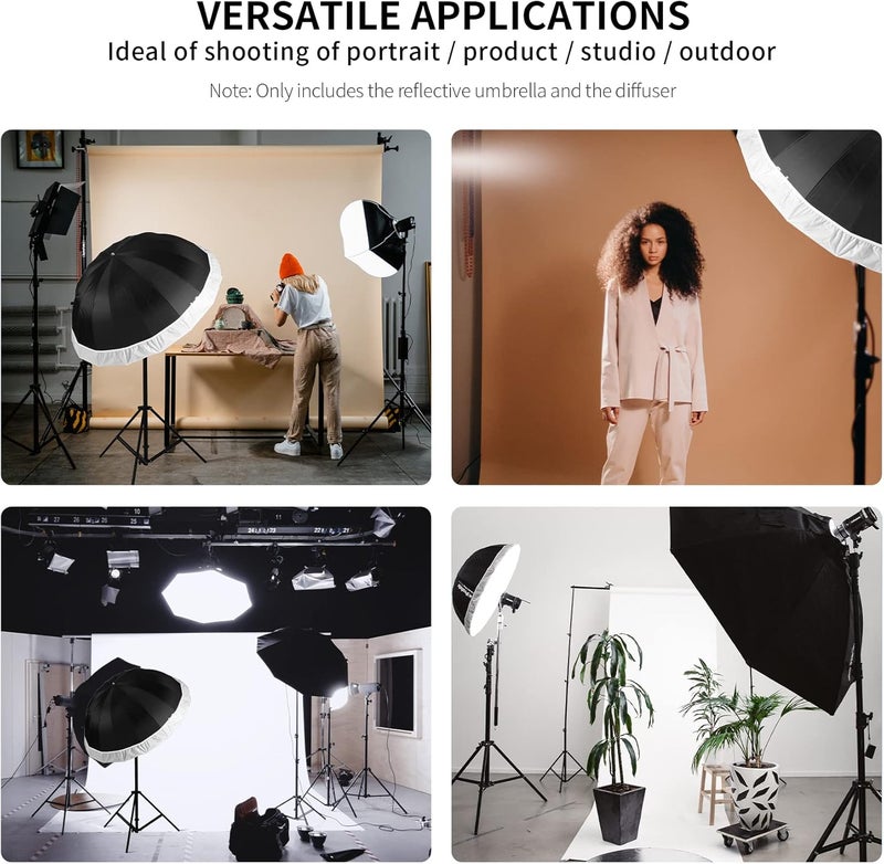 Selens Parabolic Umbrella and Diffuser Photography Lighting, 65 Inch Black Silver Reflective Deep Umbrella for Photo Studio Flash Speed Light - Image 3