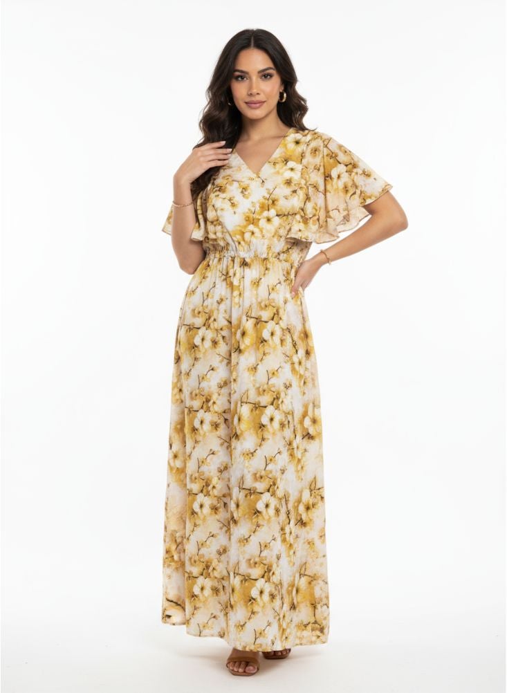 بريميم فستان ماكسي أصفر مزهر – فستان صيفي طويل خفيف الوزن بأكمام قصيرة - Image 1