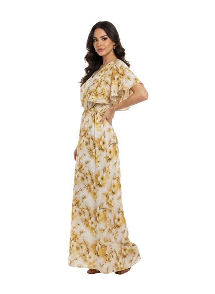 بريميم فستان ماكسي أصفر مزهر – فستان صيفي طويل خفيف الوزن بأكمام قصيرة - Image 2