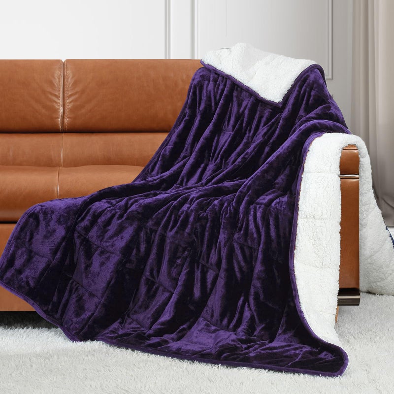 Alomidds Weighted Blanket for Adults12 lbs Twin Size Heavy Blanket with Soft Shiny Velour Fleece and Fluffy Warm Sherpa for Couch Bed and Sofa 48 x 72 inches Purple
