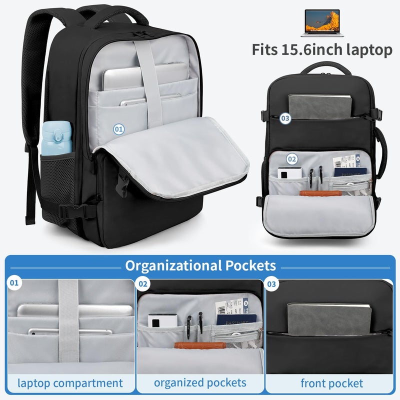 ZOMFELT Travel Backpack for Women Men, Carry on Backpack, TSA 15.6 inch Laptop Backpack Flight Approved, Personal Item Travel Bag Nurse Bag Casual Daypack for Weekender Business Trip, Black - Image 4