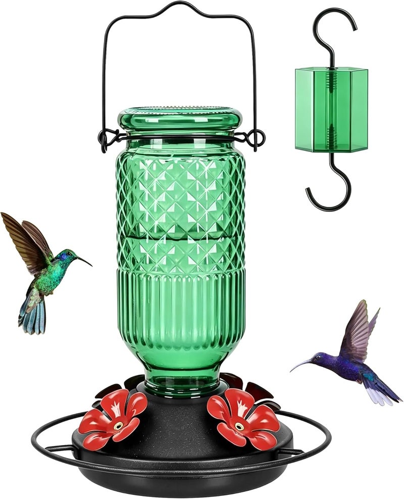 FEED GARDEN مغذي طيور الطنان الزجاجي من فيد جاردن، سعة 16 أونصة، مع حوض مقاوم للنمل، 4 منافذ تغذية مقاومة للنحل، مجثم 360 درجة، مقاوم للتسرب، باللون الأخضر. - Image 1