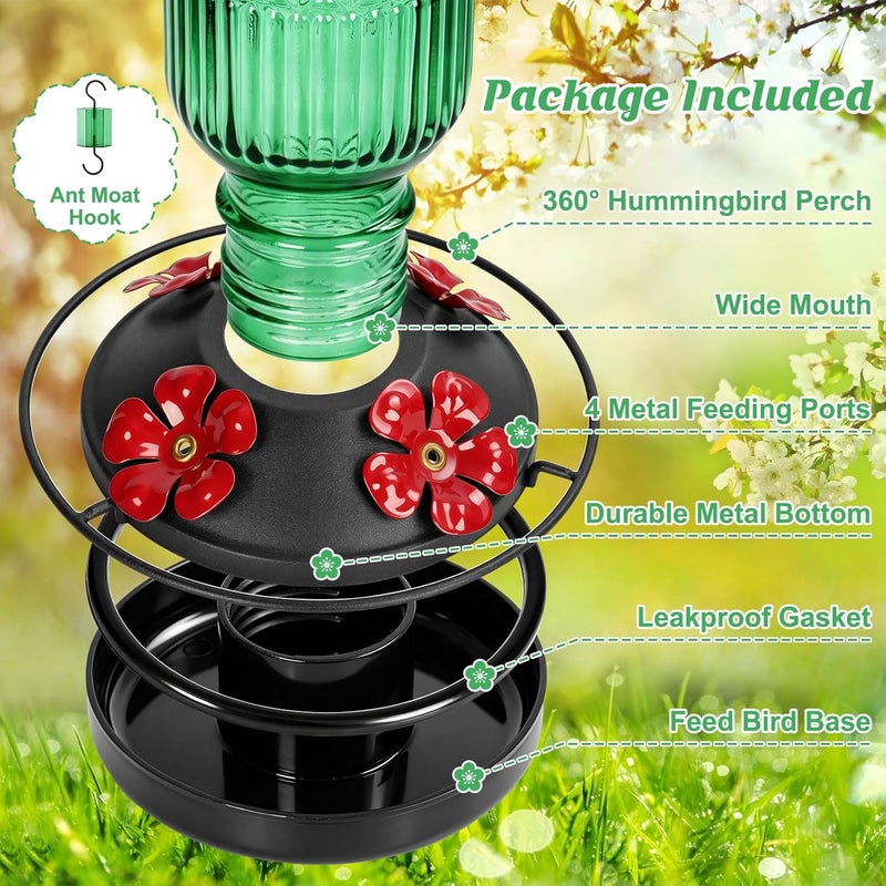 FEED GARDEN مغذي طيور الطنان الزجاجي من فيد جاردن، سعة 16 أونصة، مع حوض مقاوم للنمل، 4 منافذ تغذية مقاومة للنحل، مجثم 360 درجة، مقاوم للتسرب، باللون الأخضر. - Image 4