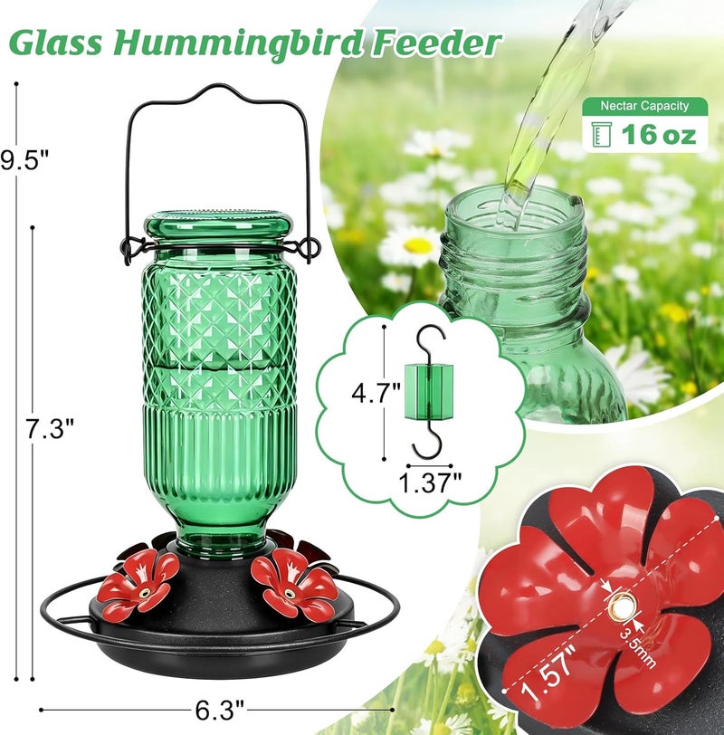 FEED GARDEN مغذي طيور الطنان الزجاجي من فيد جاردن، سعة 16 أونصة، مع حوض مقاوم للنمل، 4 منافذ تغذية مقاومة للنحل، مجثم 360 درجة، مقاوم للتسرب، باللون الأخضر. - Image 2