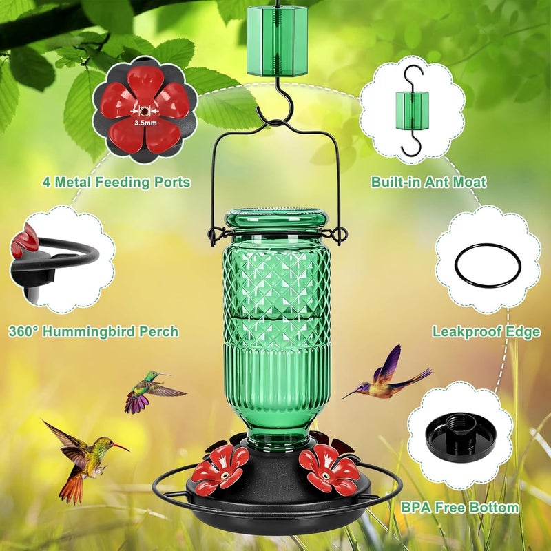FEED GARDEN مغذي طيور الطنان الزجاجي من فيد جاردن، سعة 16 أونصة، مع حوض مقاوم للنمل، 4 منافذ تغذية مقاومة للنحل، مجثم 360 درجة، مقاوم للتسرب، باللون الأخضر. - Image 3