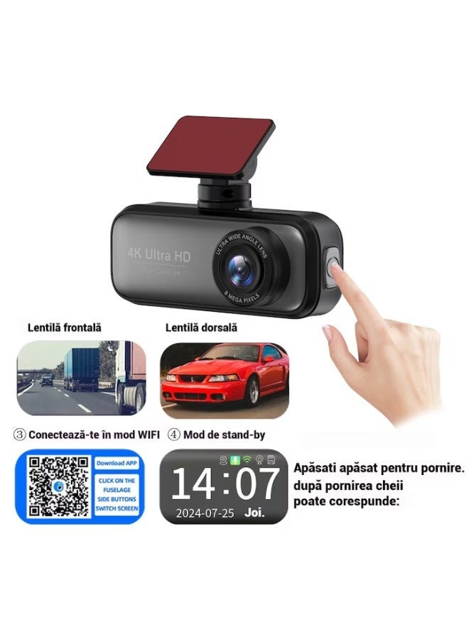 4K + 1080P Dual Dash Cam with WiFi & GPS – Front & Rear Car Camera, Night Vision, Loop Recording, 24H Parking Monitoring (Black) - Image 2