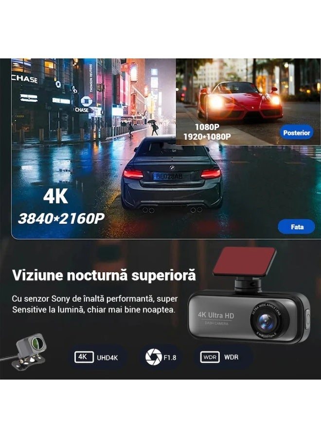 4K + 1080P Dual Dash Cam with WiFi & GPS – Front & Rear Car Camera, Night Vision, Loop Recording, 24H Parking Monitoring (Black) - Image 4