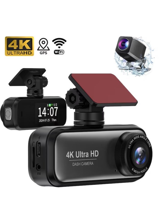 4K + 1080P Dual Dash Cam with WiFi & GPS – Front & Rear Car Camera, Night Vision, Loop Recording, 24H Parking Monitoring (Black) - Image 1
