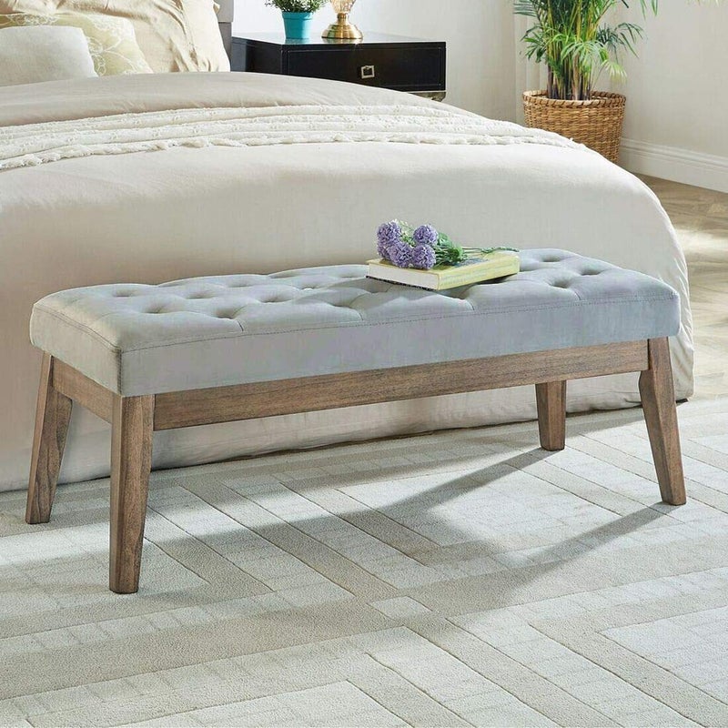 24KF Velvet Upholstered Buttons Tufted Entryway Bench with Solid Wood LegBed Bench Ottoman with Padded Seat5034Gray