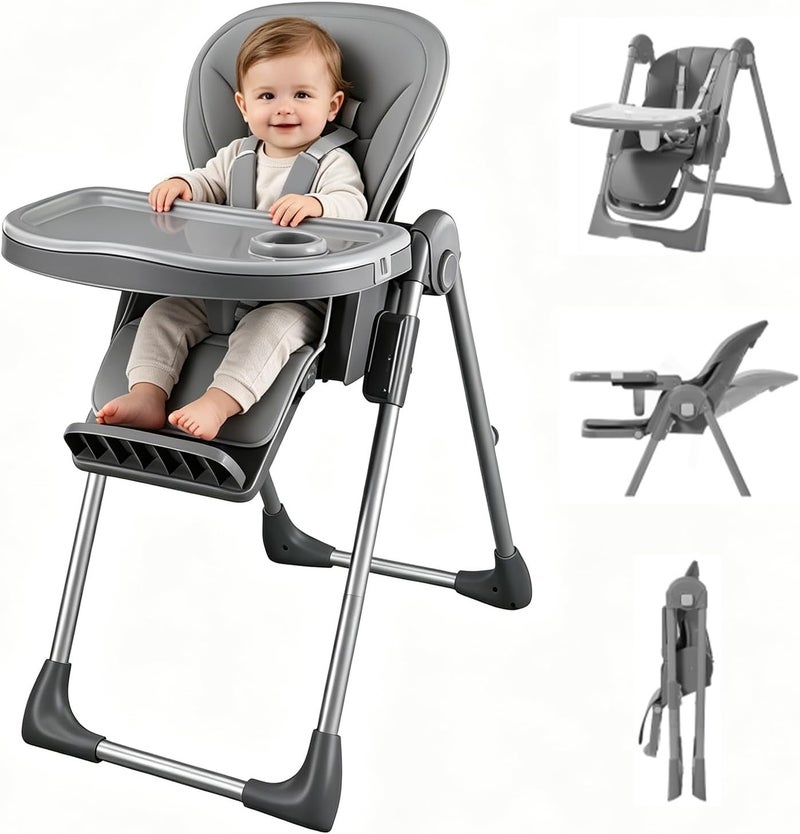 TDOO Gray Dining Chair Baby Chair 4 in 1 High Chairs for Babies and Toddlers with Wheels, 8-Height Adjustable & 3-Position Recline, Easy Clean, Dishwasher Removable Tray, Foldable HighChair for Infant,Grey - Image 1