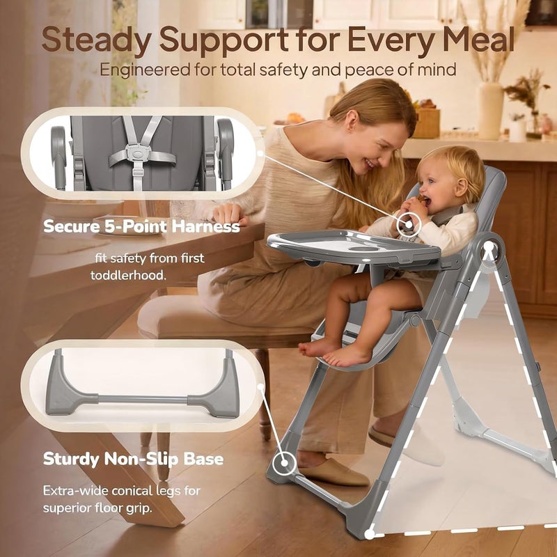 TDOO Gray Dining Chair Baby Chair 4 in 1 High Chairs for Babies and Toddlers with Wheels, 8-Height Adjustable & 3-Position Recline, Easy Clean, Dishwasher Removable Tray, Foldable HighChair for Infant,Grey - Image 5