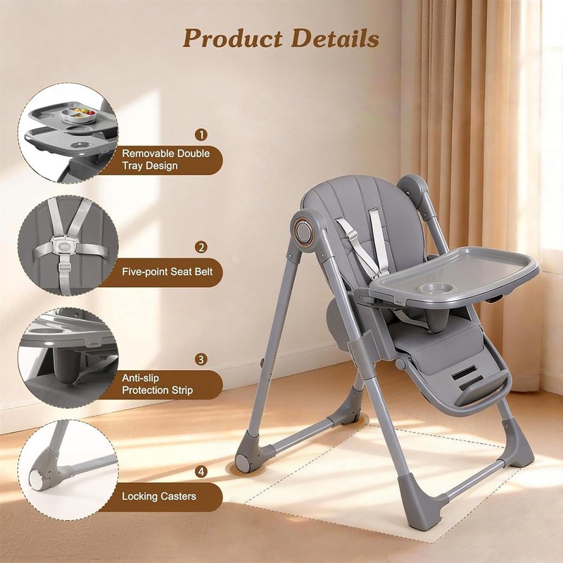 TDOO Gray Dining Chair Baby Chair 4 in 1 High Chairs for Babies and Toddlers with Wheels, 8-Height Adjustable & 3-Position Recline, Easy Clean, Dishwasher Removable Tray, Foldable HighChair for Infant,Grey - Image 4