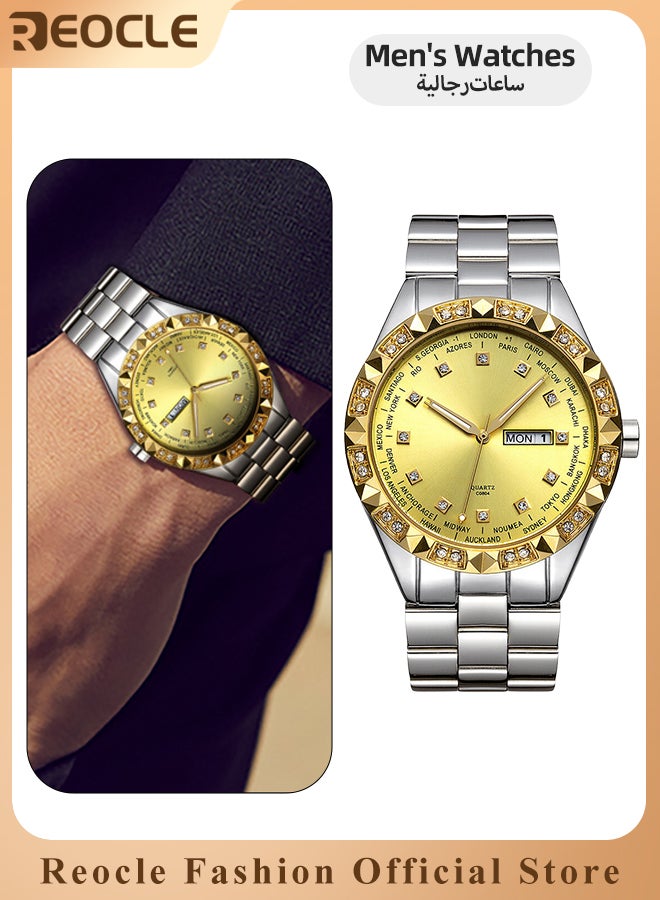 REOCLE Men's Quartz Watch with Diamond Roman Numeral Dial & Luminous Hands & Everyday Water Resistance & Dual Calendar Display & Stainless Steel Watch Strap Business Dress Watch  - Image 1