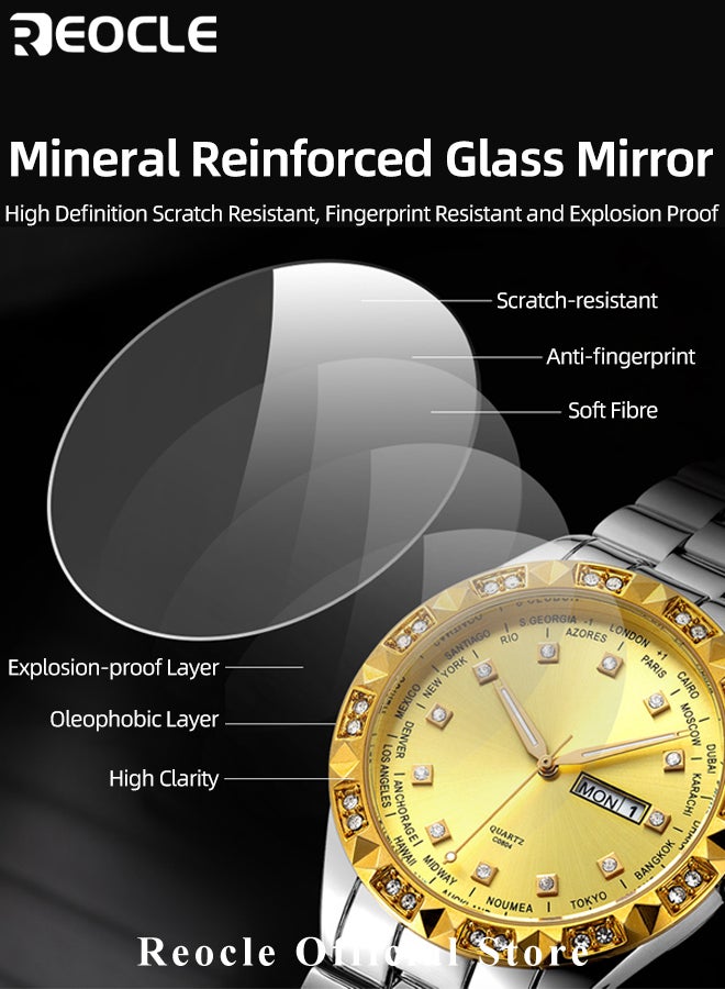 REOCLE Men's Quartz Watch with Diamond Roman Numeral Dial & Luminous Hands & Everyday Water Resistance & Dual Calendar Display & Stainless Steel Watch Strap Business Dress Watch  - Image 2