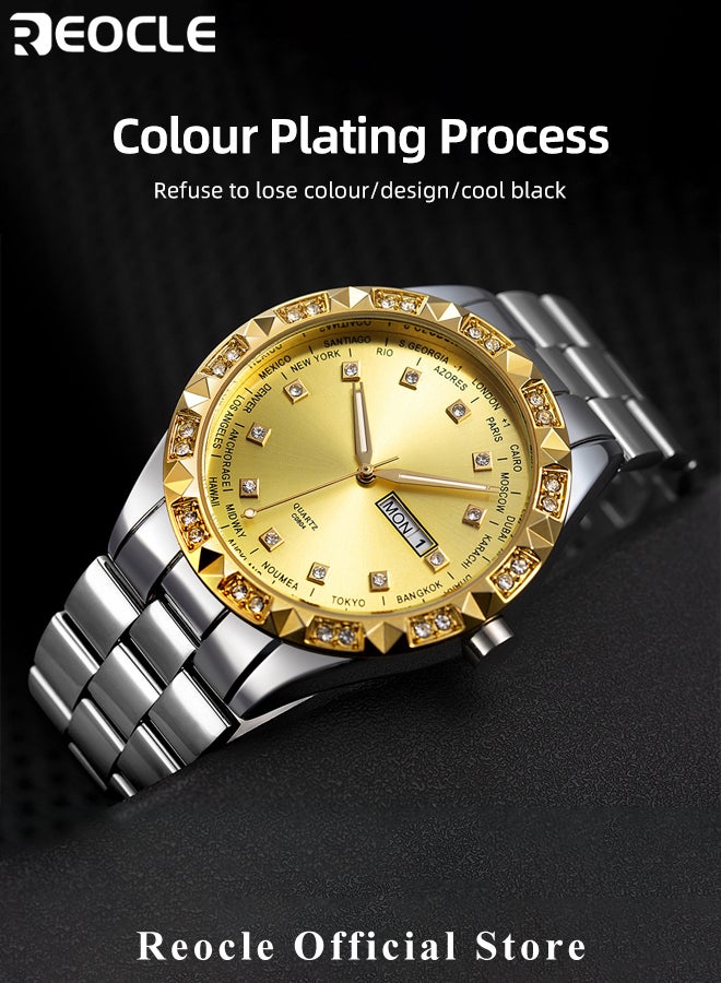 REOCLE Men's Quartz Watch with Diamond Roman Numeral Dial & Luminous Hands & Everyday Water Resistance & Dual Calendar Display & Stainless Steel Watch Strap Business Dress Watch  - Image 3