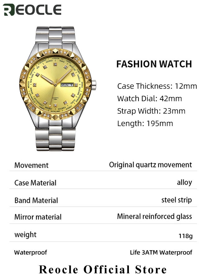 REOCLE Men's Quartz Watch with Diamond Roman Numeral Dial & Luminous Hands & Everyday Water Resistance & Dual Calendar Display & Stainless Steel Watch Strap Business Dress Watch  - Image 5