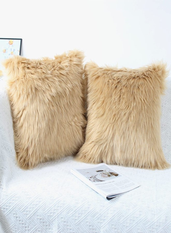 OYIMUA Fluffy Decorative Throw Pillow Covers 20×20, Faux Fur Farmhouse Luxury Pillow Cases,Soft Plush Fuzzy Beige Cushion Covers for Sofa Couch Living Room Bedroom Set of 2 - Image 2