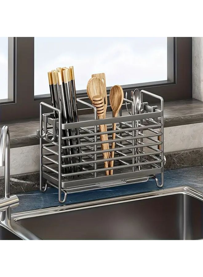 1pc Multifunctional Kitchen Organizer With Drain Tray Gray Three Grid Space Saving Countertop And Sink Storage For Utensils Chopsticks And Cutlery Modern Design Pretty Cutlery Holder Chopstick Rest Spoon Rest - Image 2