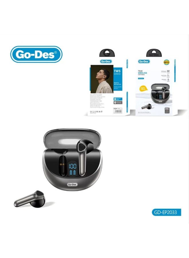 جو-ديز سماعات أذن GD-EP2033 TWS بلوتوث 5.3 مع تحكم باللمس وميكروفون عالي الدقة وشاشة رقمية وتقليل ضوضاء المكالمات وشحن من النوع C ووقت استخدام ممتد - Image 2