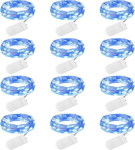 Brightown 12 Pack Led Fairy Lights Battery Operated String Lights Waterproof Silver Wire 7 Feet 20 Led Firefly Starry Moon Lights for DIY Wedding Party Bedroom Patio Christmas (12 Pack, Blue & White) - Image 1