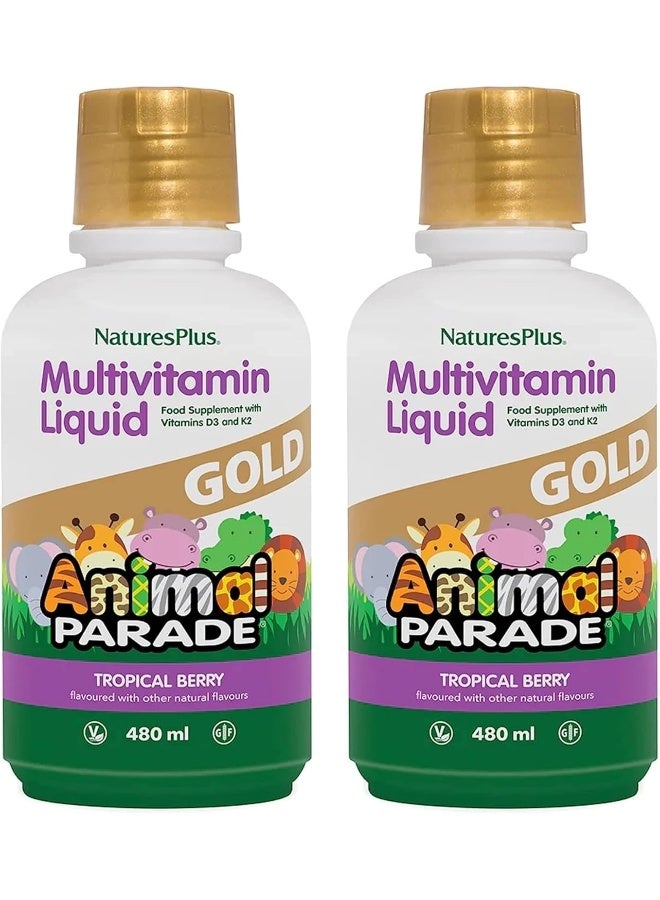 NaturesPlus Natures Plus Animal Parade Gold Children's Liquid Multivitamin - 16 fl oz, Pack of 2 - Natural Tropical Berry Flavor - Gluten Free, Vegan - 64 Total Servings - Image 1