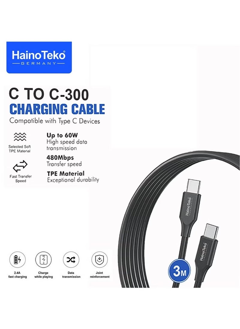 Haino Teko C to C 300 3 Meter Fast Charging Data Cable – USB Type-C to Type-C, 3M Length, Quick Charging & Data Transfer, Compatible with Type-C Devices, Black  - Image 3