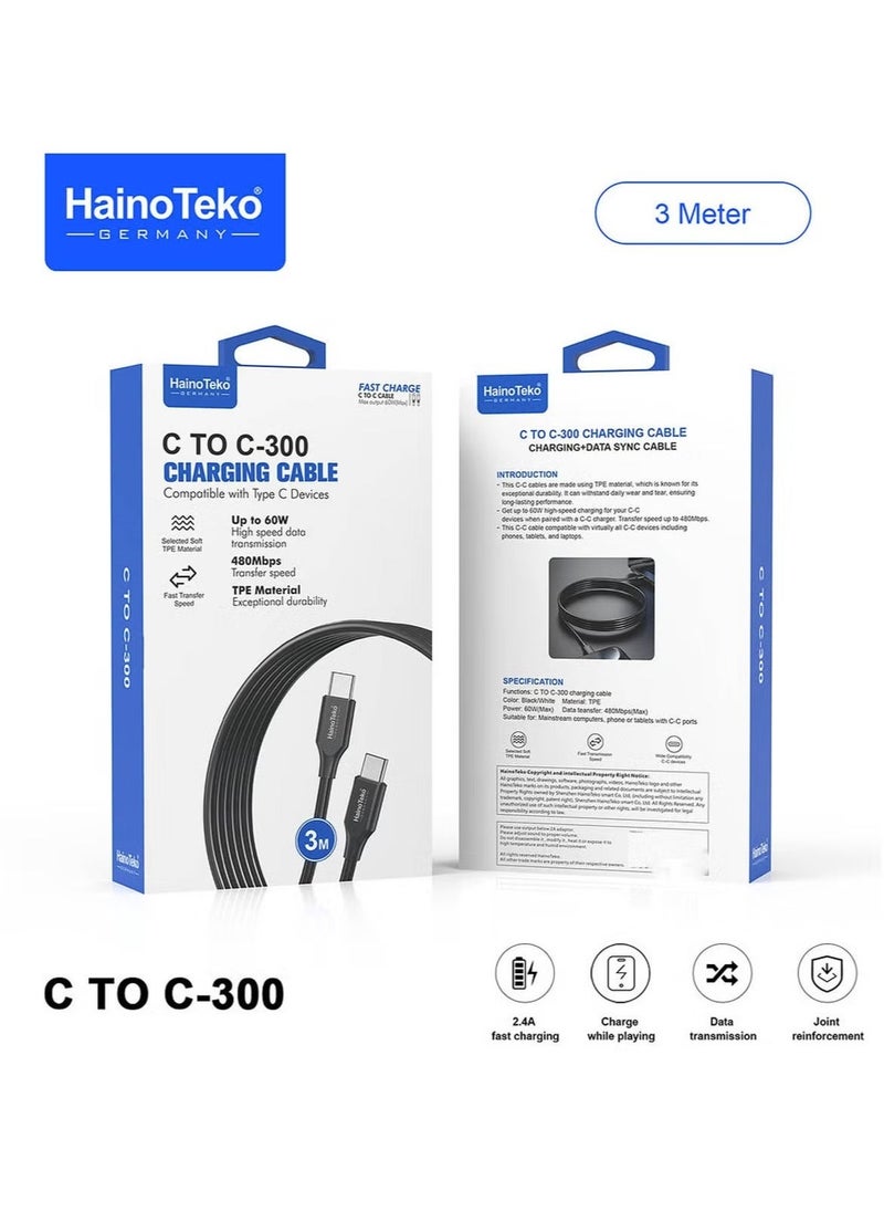 Haino Teko C to C 300 3 Meter Fast Charging Data Cable – USB Type-C to Type-C, 3M Length, Quick Charging & Data Transfer, Compatible with Type-C Devices, Black  - Image 1