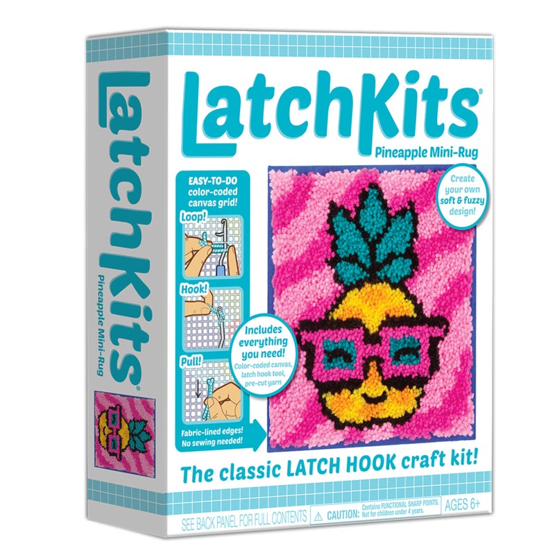 PlayMonster LatchKits for Wall Hangings MiniRugs Pineapple Craft Kit with Easy ColorCoded Canvas PreCut Yarn Latch Hook Tool Perfect DIY Craft for Kids Ages 6 and Up Small Multi