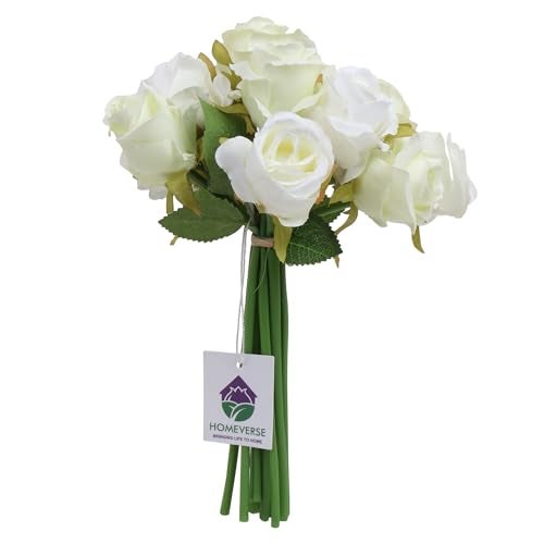 HOMEVERSE 6pcs White+6pcs Green |Artificial Rose Fake Silk Plants Wedding Valentines Birthday Anniversary Christmas Mothers Day (White Green-12pcs) - Image 1