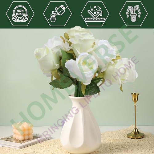 HOMEVERSE 6pcs White+6pcs Green |Artificial Rose Fake Silk Plants Wedding Valentines Birthday Anniversary Christmas Mothers Day (White Green-12pcs) - Image 3