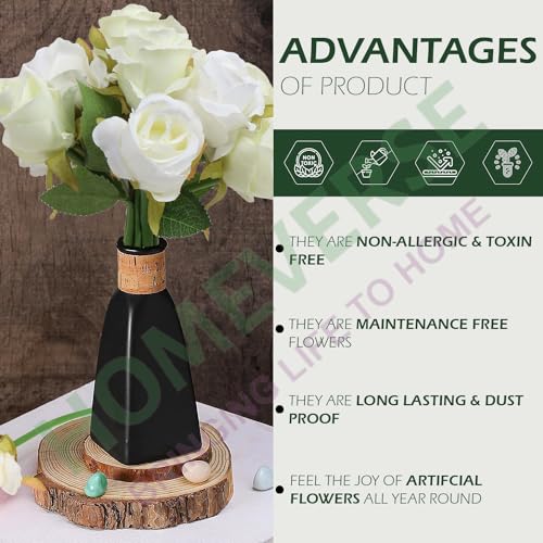 HOMEVERSE 6pcs White+6pcs Green |Artificial Rose Fake Silk Plants Wedding Valentines Birthday Anniversary Christmas Mothers Day (White Green-12pcs) - Image 4
